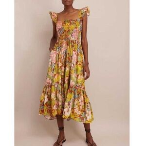 CARA CARA Bird Tropical Floral Print Ruby Smocked Dress